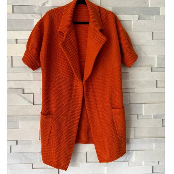 Doncaster Sweaters - DONCASTER Lambswool /Cashmere Short Sleeve Open Collar Cardigan Sweater Orange S
